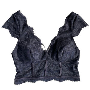 La Senza MEDIUM Black Lace Cap Sleeve V-Neck Wireless Padded Bralette Top Corset